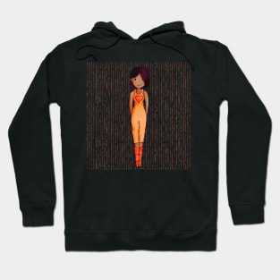 Cute brown girl with dark hair wearing an orange outfit with a red heart. Hoodie